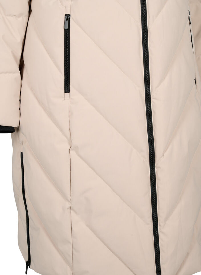 Long winter coat with hook fastenings and a faux fur collar, Beige, Packshot image number 3