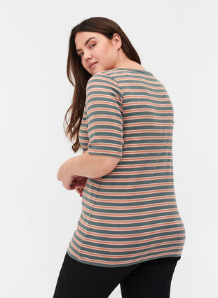 Striped, ribbed cotton t-shirt, Balsam Green Stripe, Model image number 1