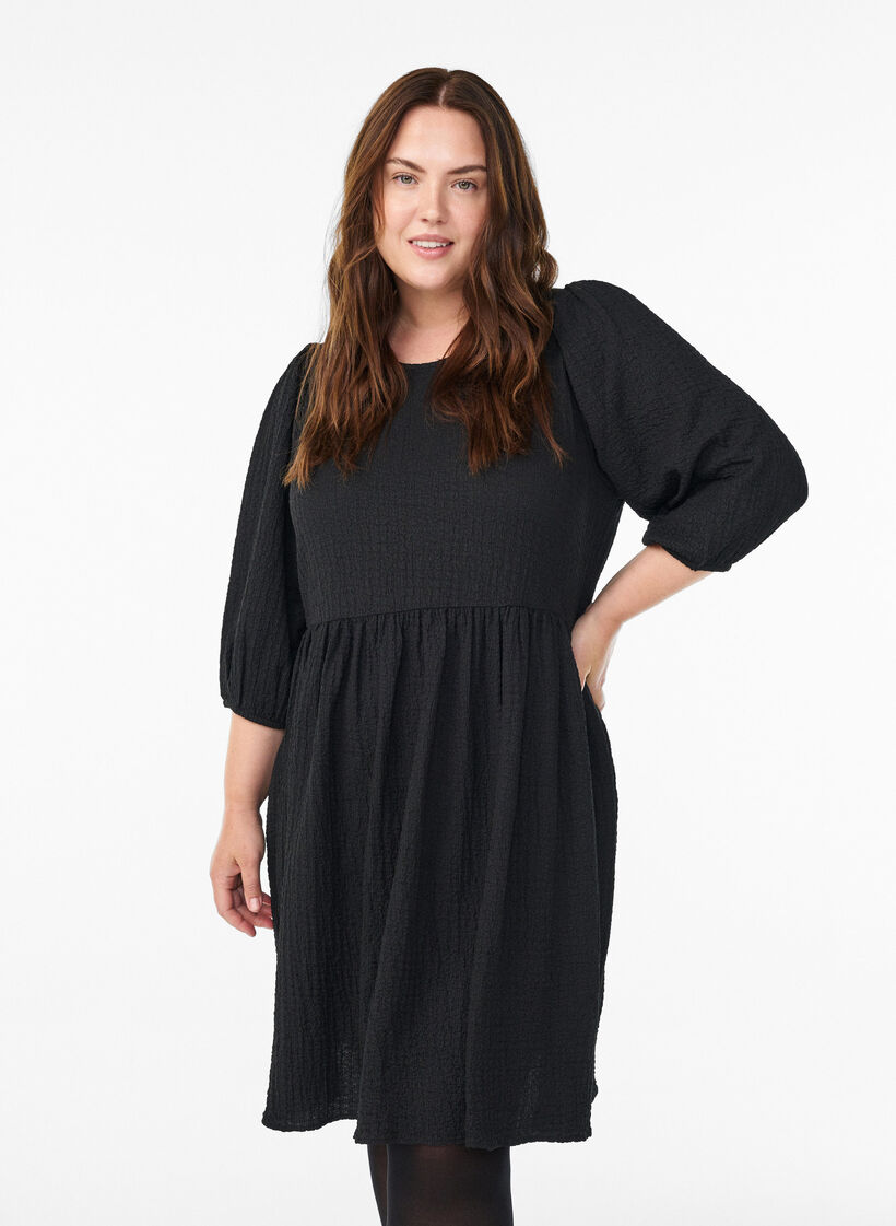 FLASH - Short dress with texture and 3/4 sleeves, Black, Model image number 0
