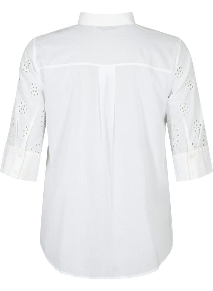 Shirt blouse with embroidery anglaise and 3/4 sleeves, Bright White, Packshot image number 1