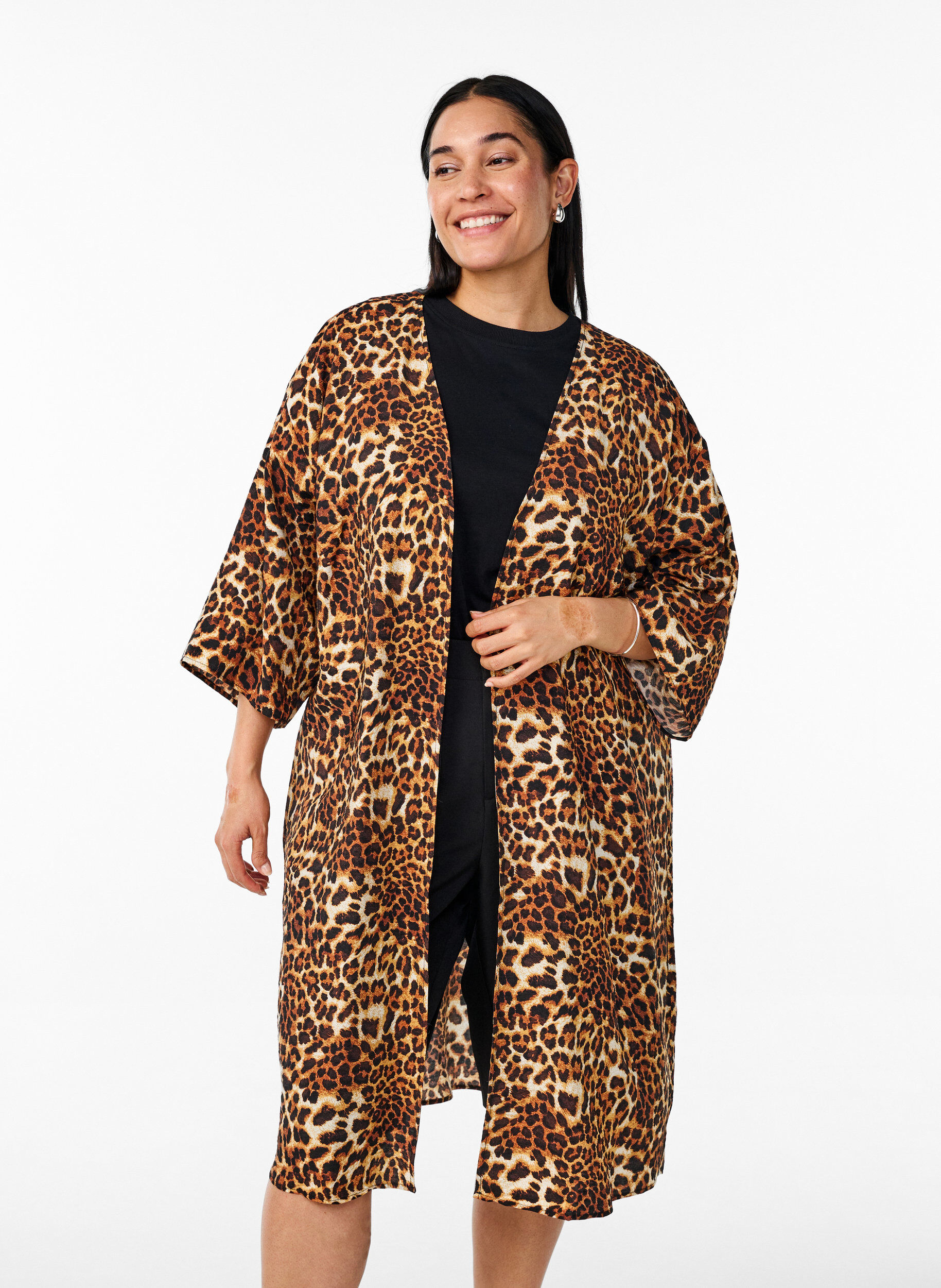 Viscose kimono with 3/4 sleeves, Brown, Model