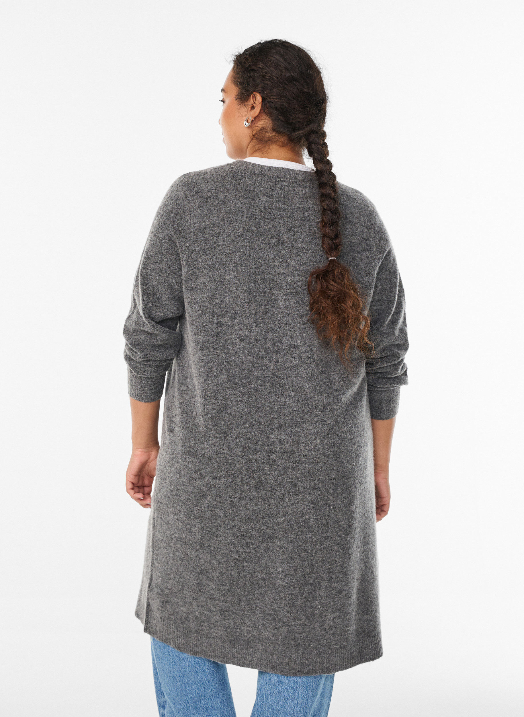 Zizzifashion Long knit cardigan with wool and alpaca, Dark Grey, Model image number 2