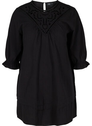 Tunic with broderie anglaise and 3/4 sleeves, Black, Packshot image number 0