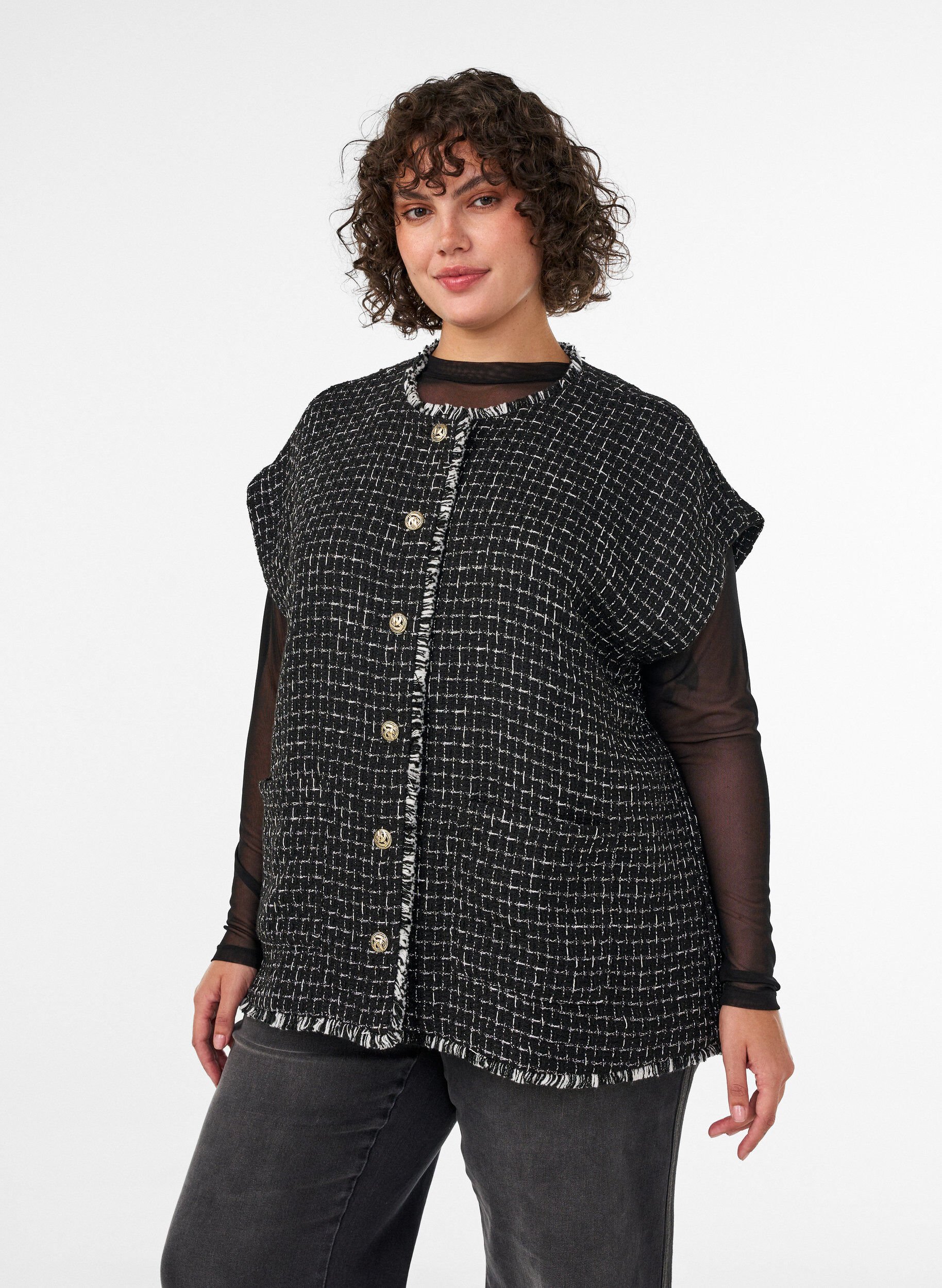 ZizzifashionChecked waistcoat with decorative buttons, Black, Model image number 0
