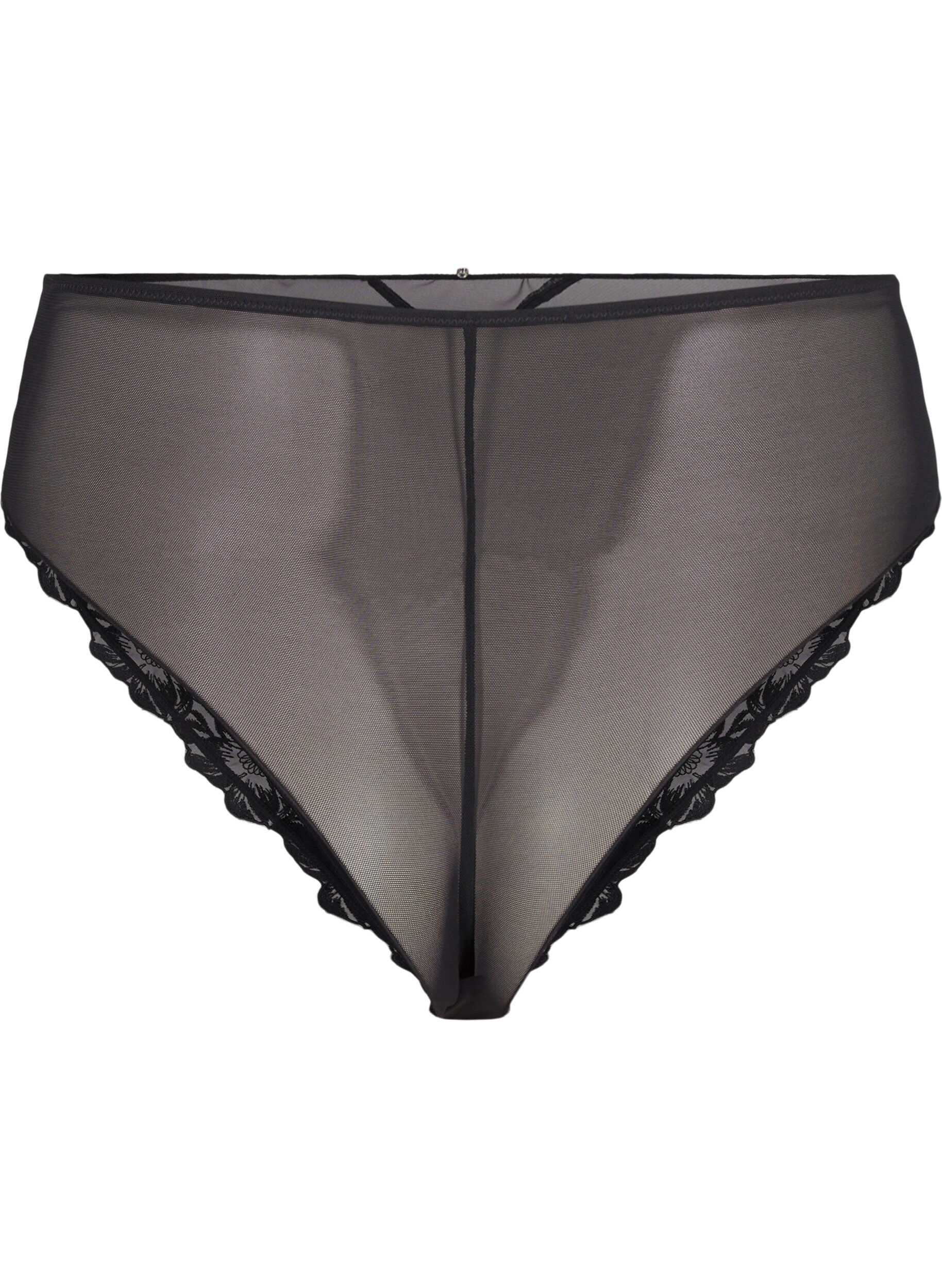 Zizzifashion Mesh Brazilian panties with embroidery, Black, Packshot image number 1