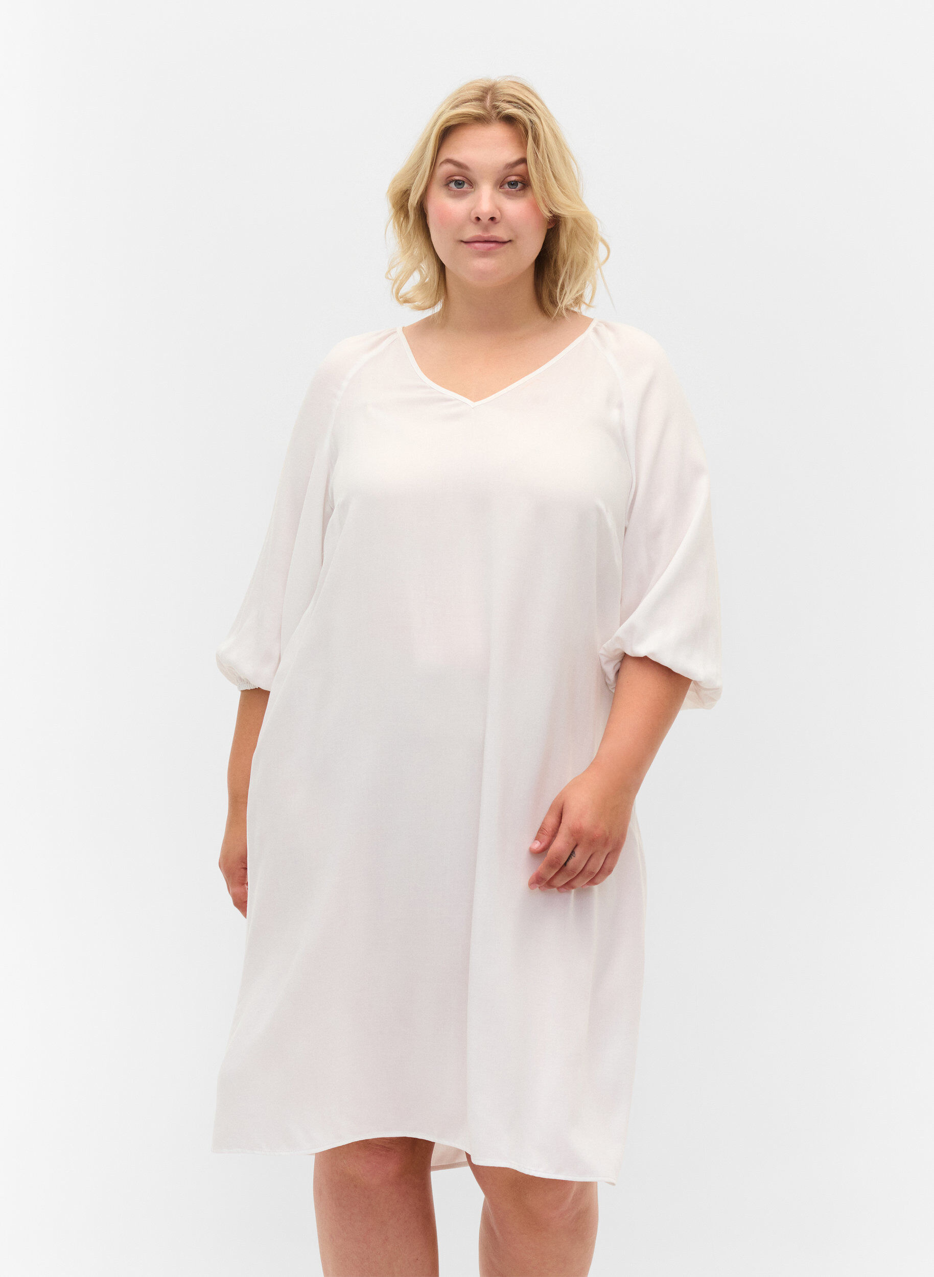 Zizzifashion Viscose dress with v-neck, Bright White, Model image number 0