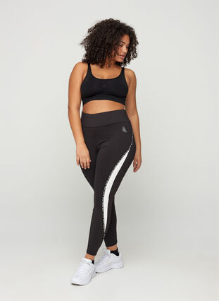 Cropped exercise tights with print details on the side, Black, Model image number 0