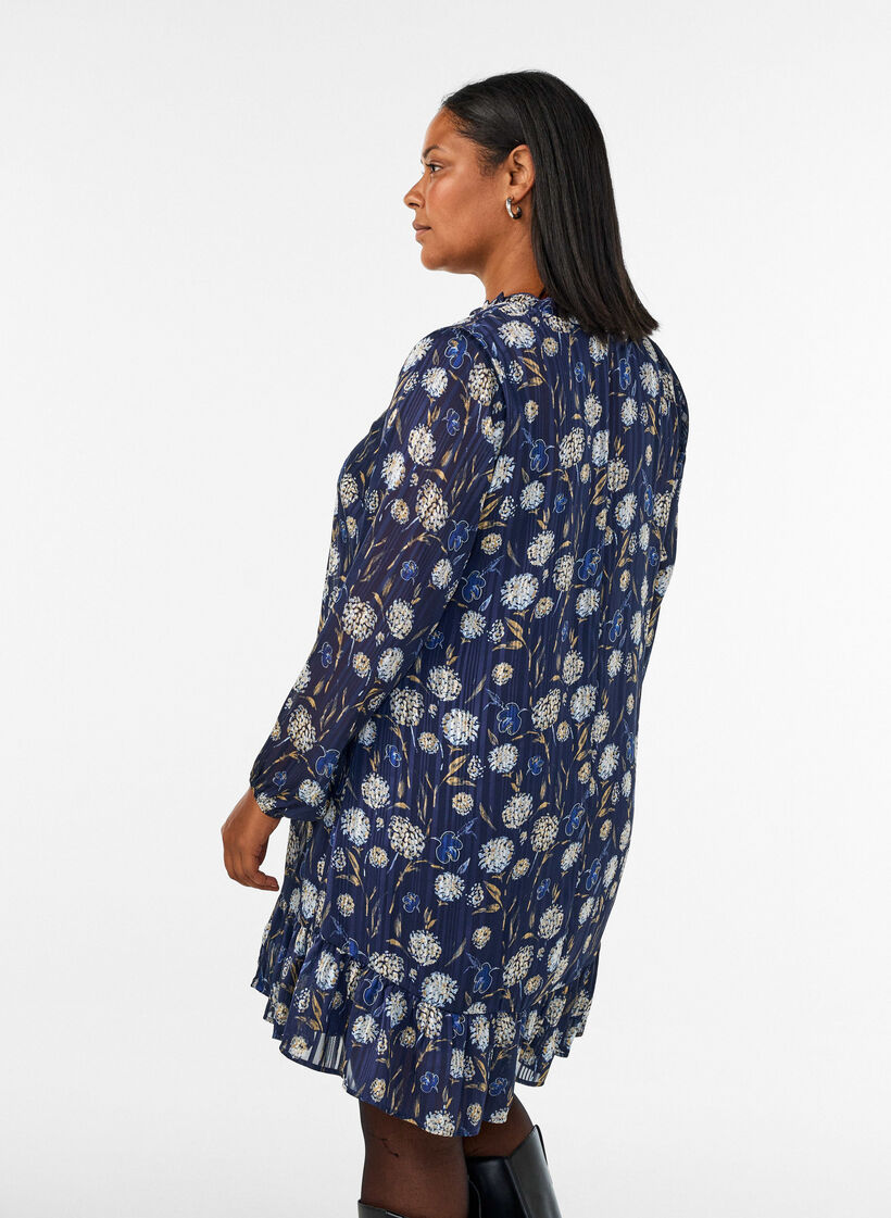 Patterned dress with ruffles and long sleeves, Blue, Model image number 2