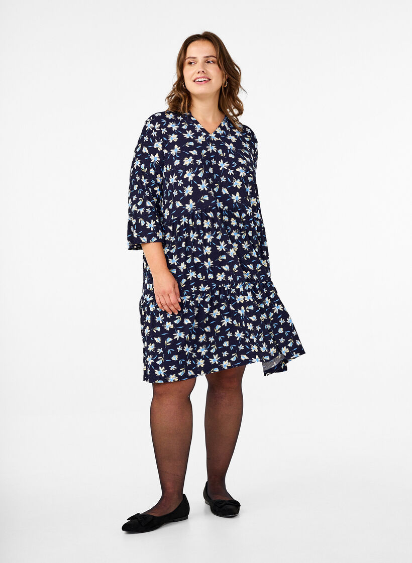 Short A-line dress with floral print, Blue, Model image number 1