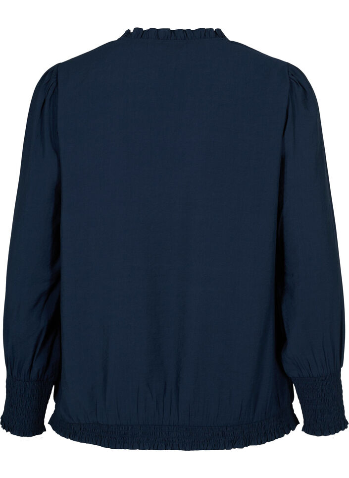 Viscose blouse with long sleeves and smock, Navy Blazer, Packshot image number 1