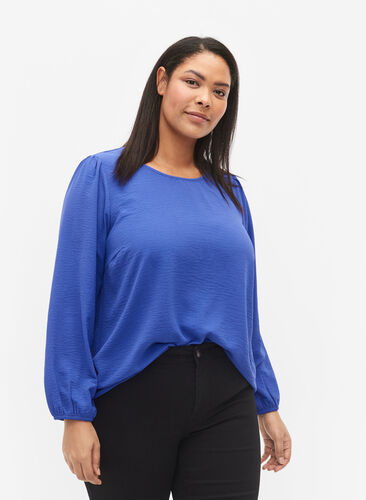 Blouse with puff sleeves, Royal Blue, Model image number 0