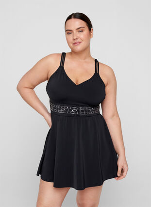 Tankini with a skirt and decorative rhinestones, Black, Model image number 0