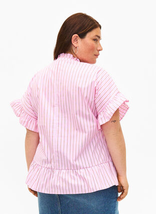 Striped blouse with peplum and ruffle details, Pink Red Stripe, Model image number 1