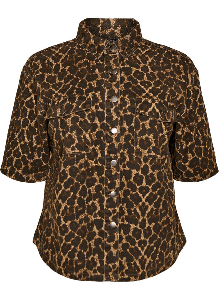 Denim shirt with leopard print and short sleeves, Brown, Packshot image number 0