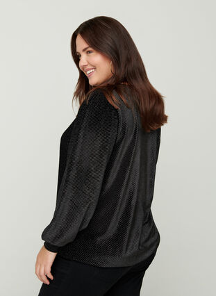 Velour blouse with puff sleeves, Black, Model image number 1