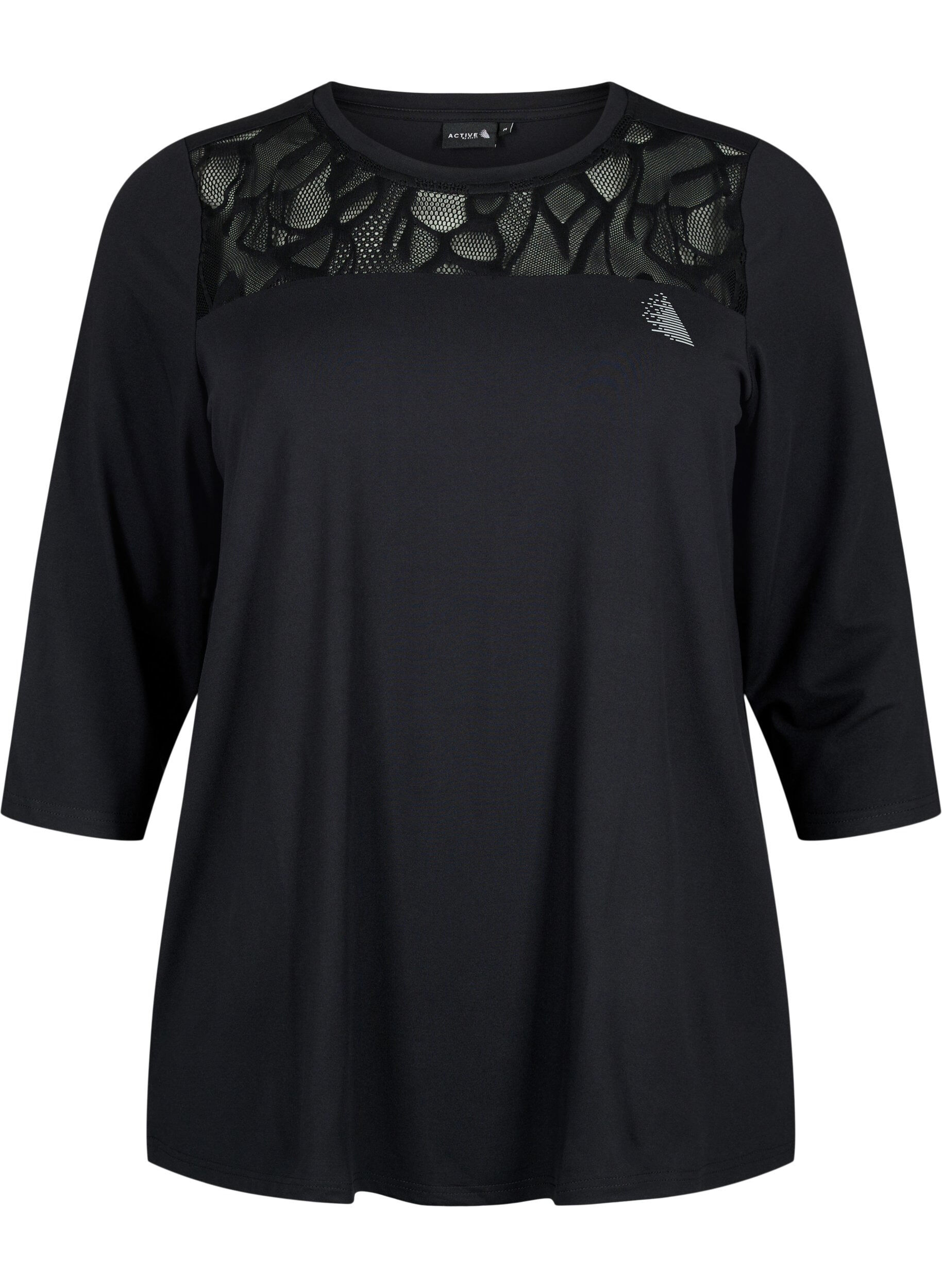 Zizzifashion Workout t-shirt with 3/4 sleeves and patterned mesh, Black, Packshot image number 0
