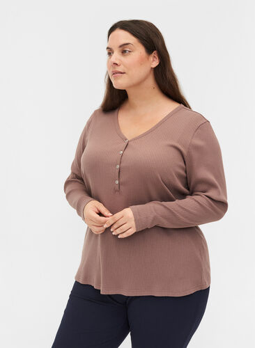 Long sleeve ribbed blouse with button detailing, Deep Taupe, Model image number 0
