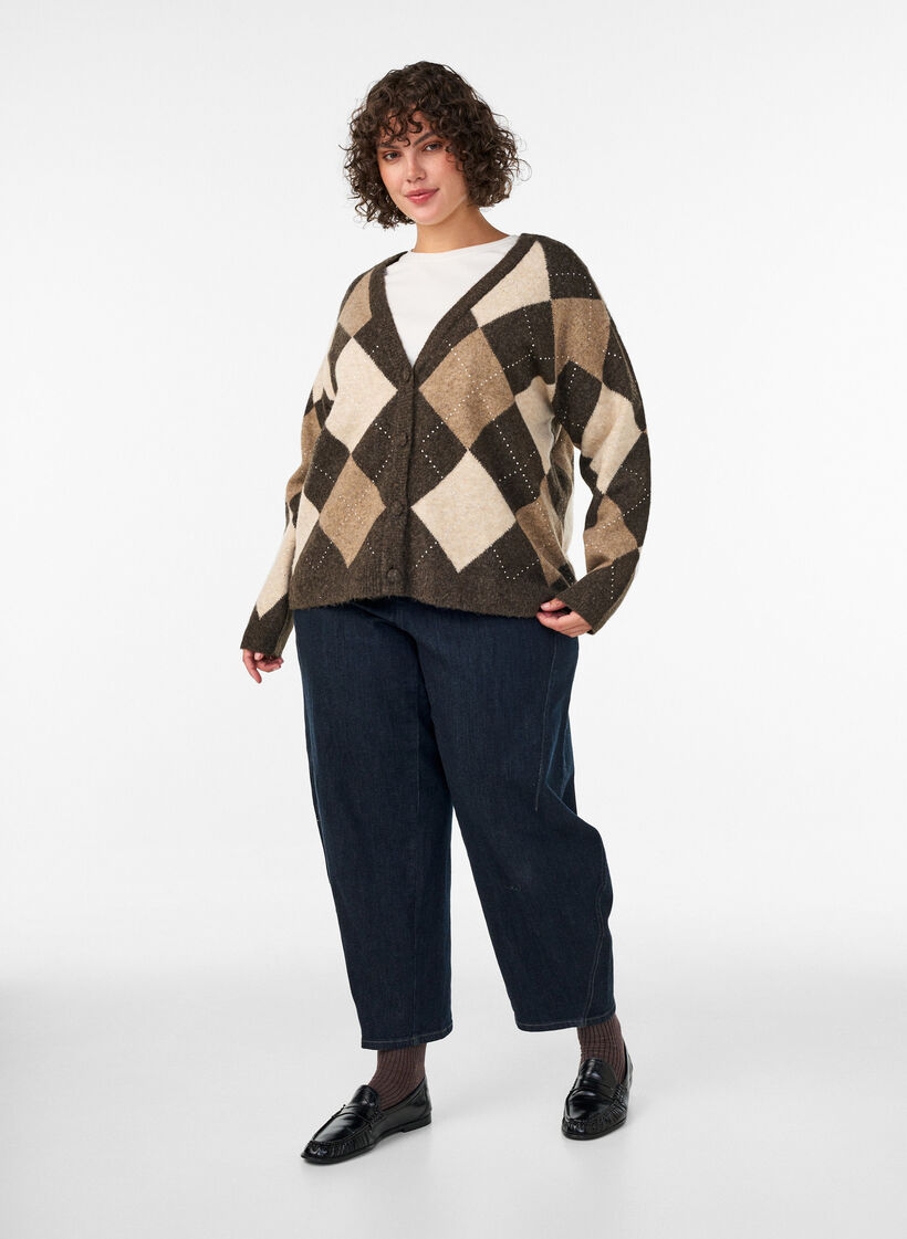 Argyle cardigan with rhinestones, Brown, Model image number 1