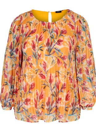 Floral pleated blouse, Cadmium Yellow AOP, Packshot image number 0