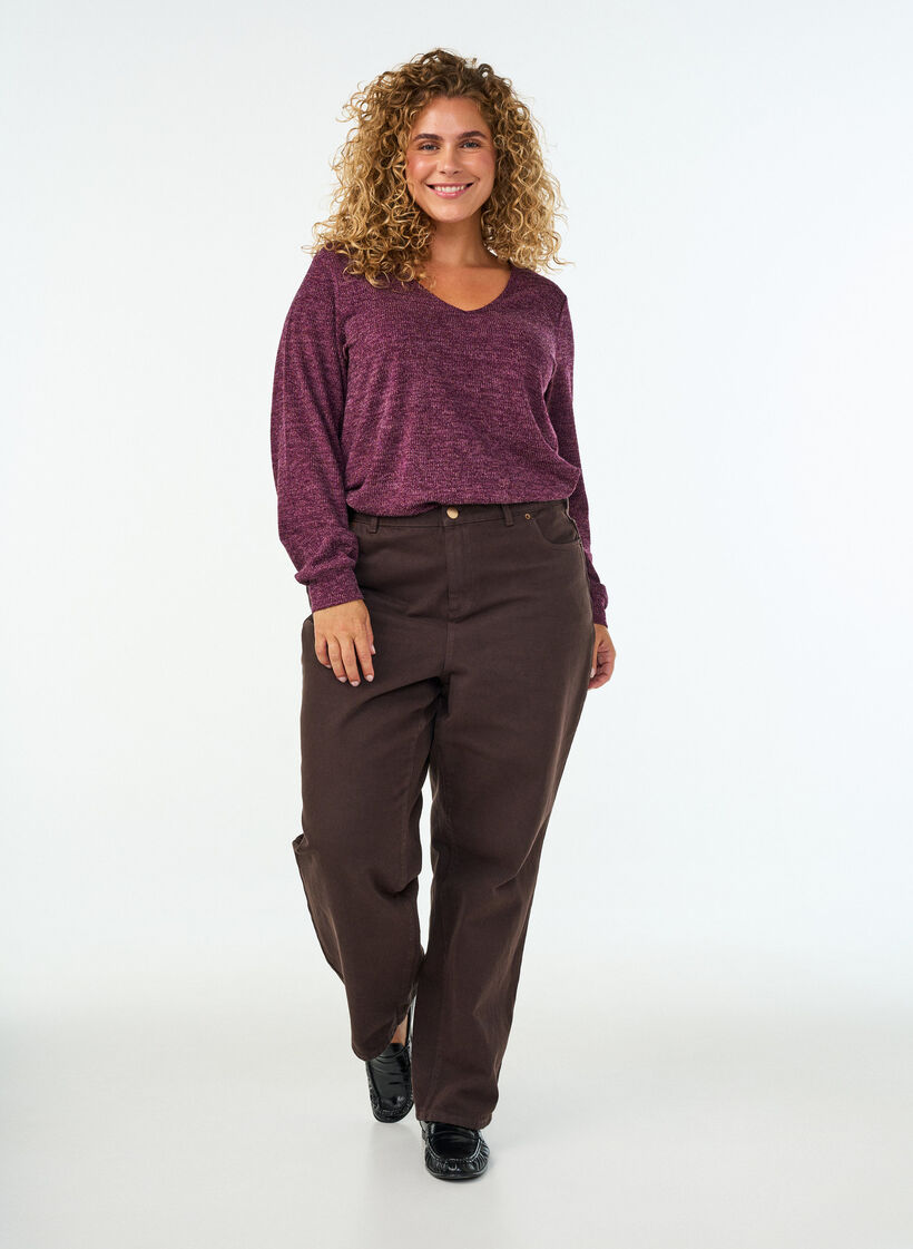Jersey blouse with a V-neck and long sleeves, Dark Bordeaux, Model image number 1