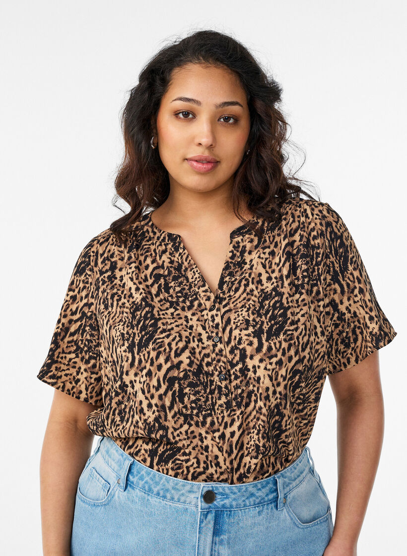 Blouse with short sleeves and v-neck, Brown, Model image number 0