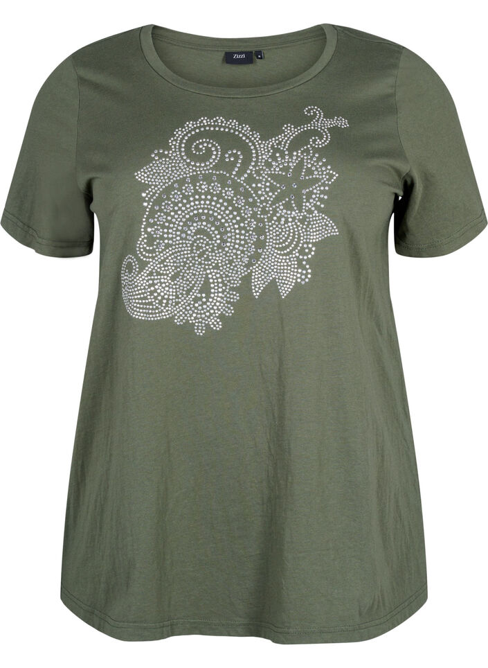 Cotton t-shirt with rhinestone motif, Thyme w. Rhinestones, Packshot image number 0