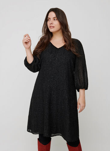 A-line dress with 3/4 length sleeves, Black, Model image number 0