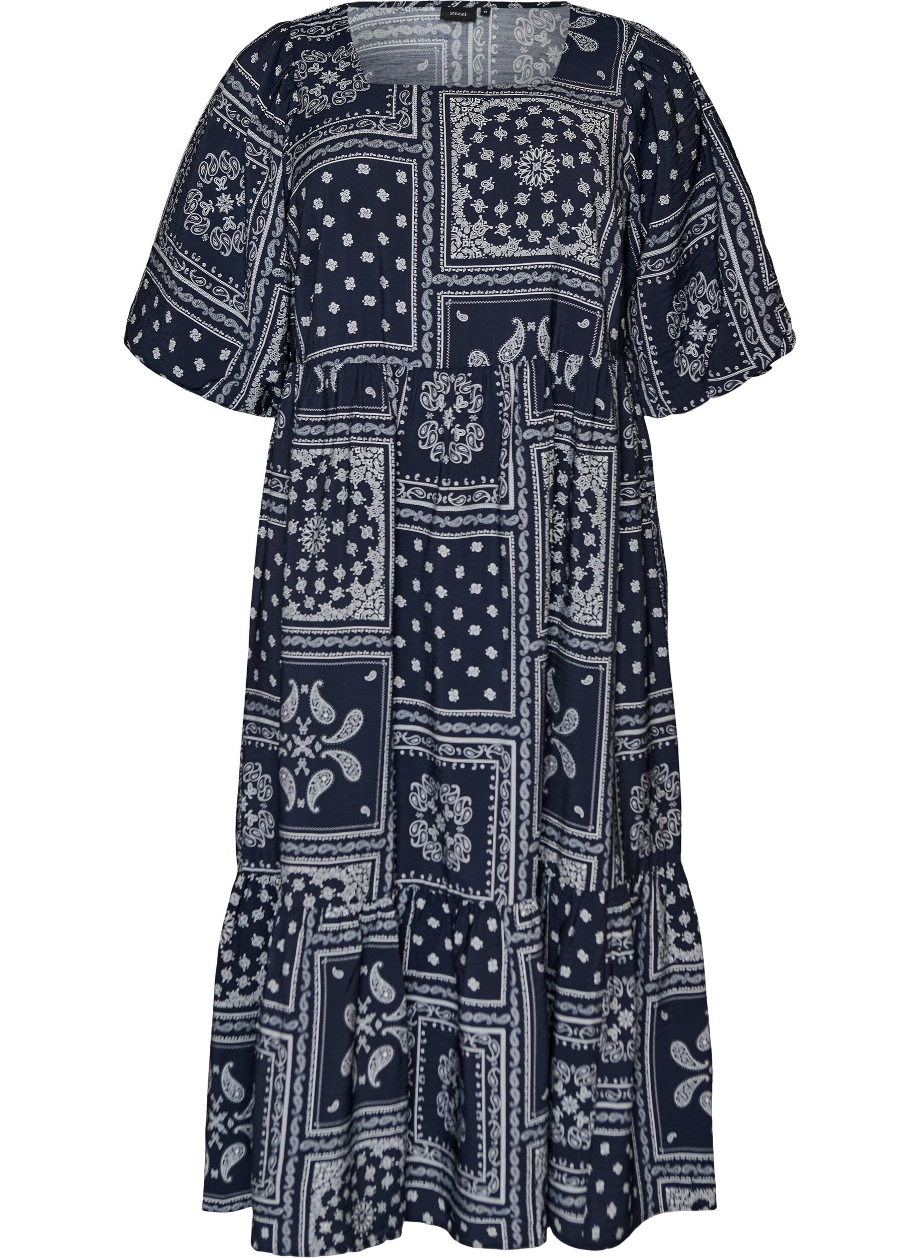 Zizzifashion Ankle-length dress in viscose with paisley print and short sleeves, Blue, Packshot image number 0