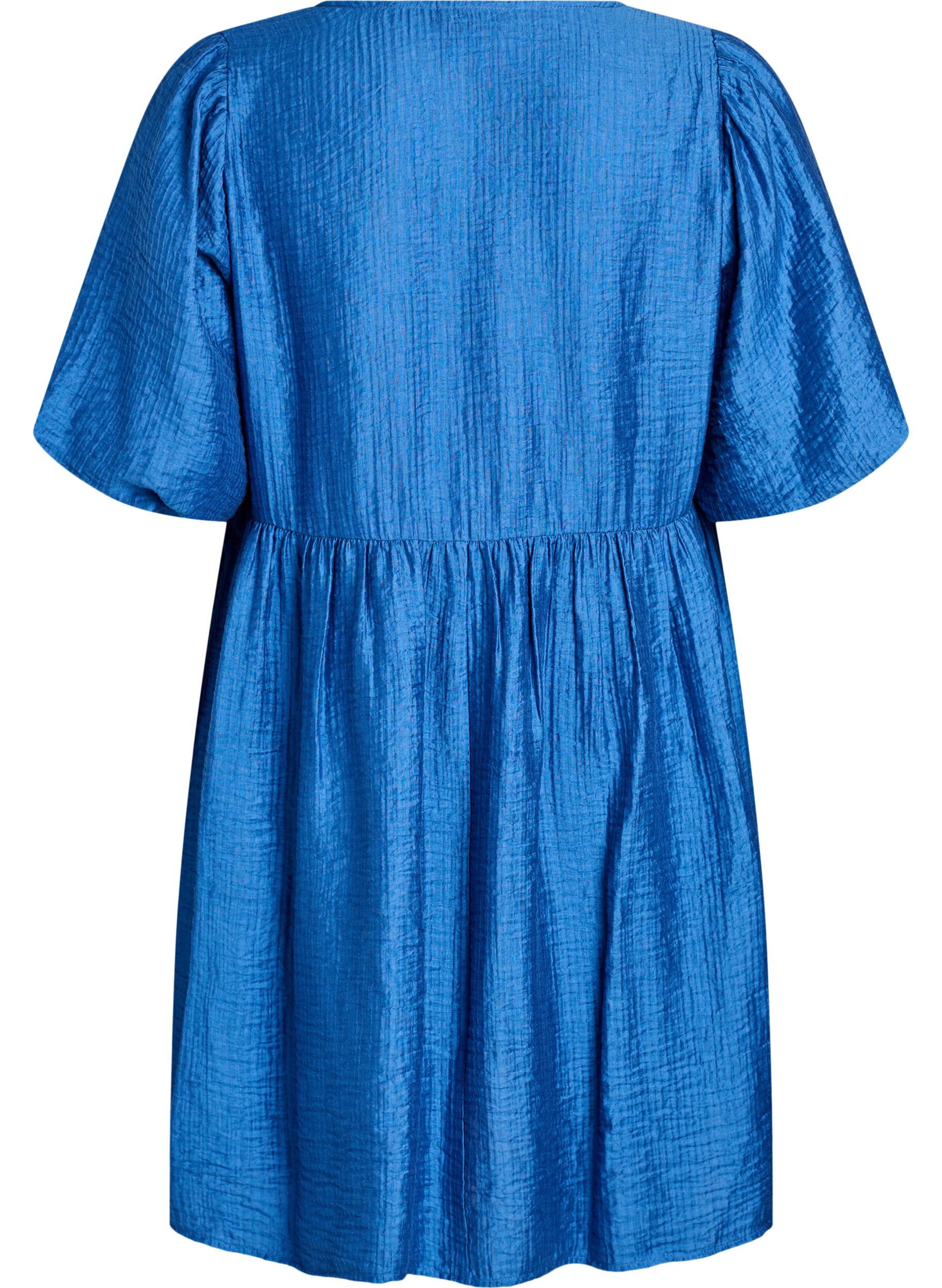 Zizzifashion Short dress with texture and short balloon sleeves, Blue, Packshot image number 1