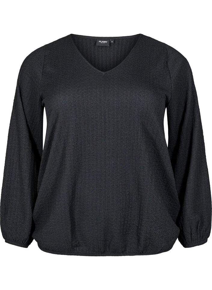 FLASH - Blouse with texture and long sleeves, Black, Packshot image number 0