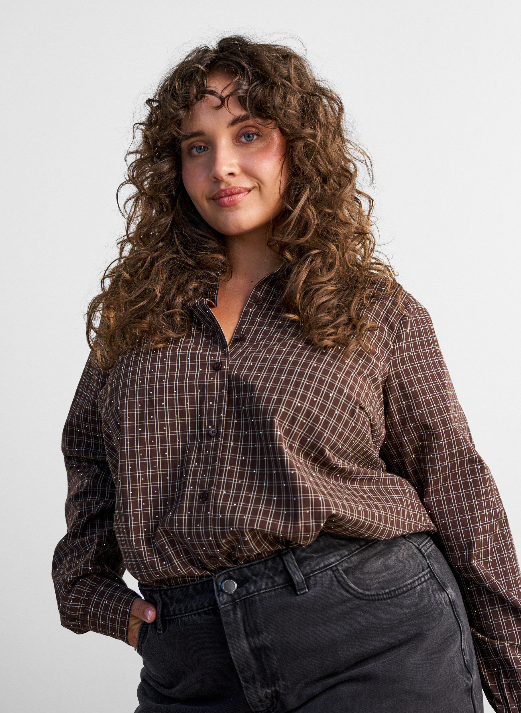 ZizzifashionChecked shirt with rhinestones, Brown, Model image number 3