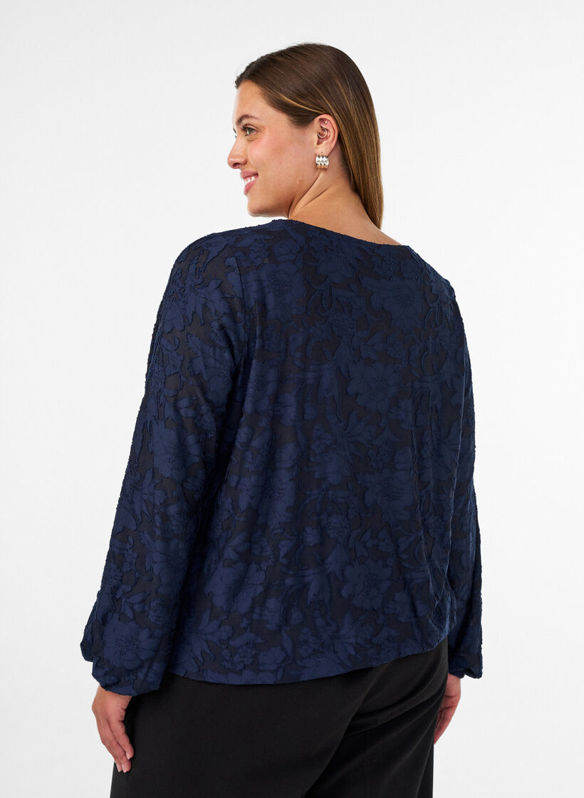 Sheer blouse with floral texture and long sleeves, Blue, Model image number 2