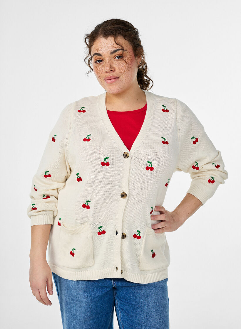 Knitted cardigan with cherry embroidery, Vanilla, Model image number 0
