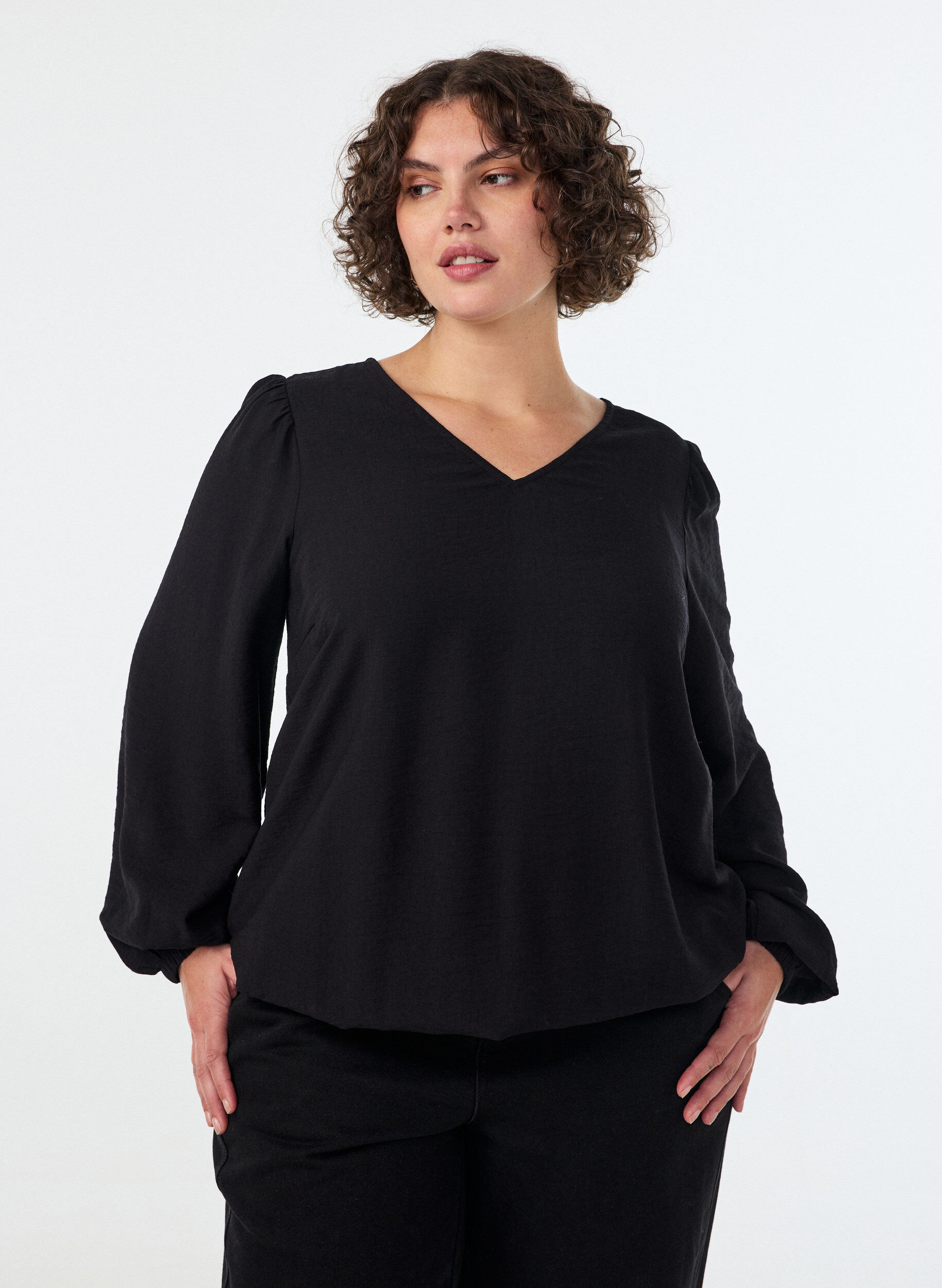 ZizzifashionViscose blouse with V-neck and balloon silhouette, Black, Model image number 0