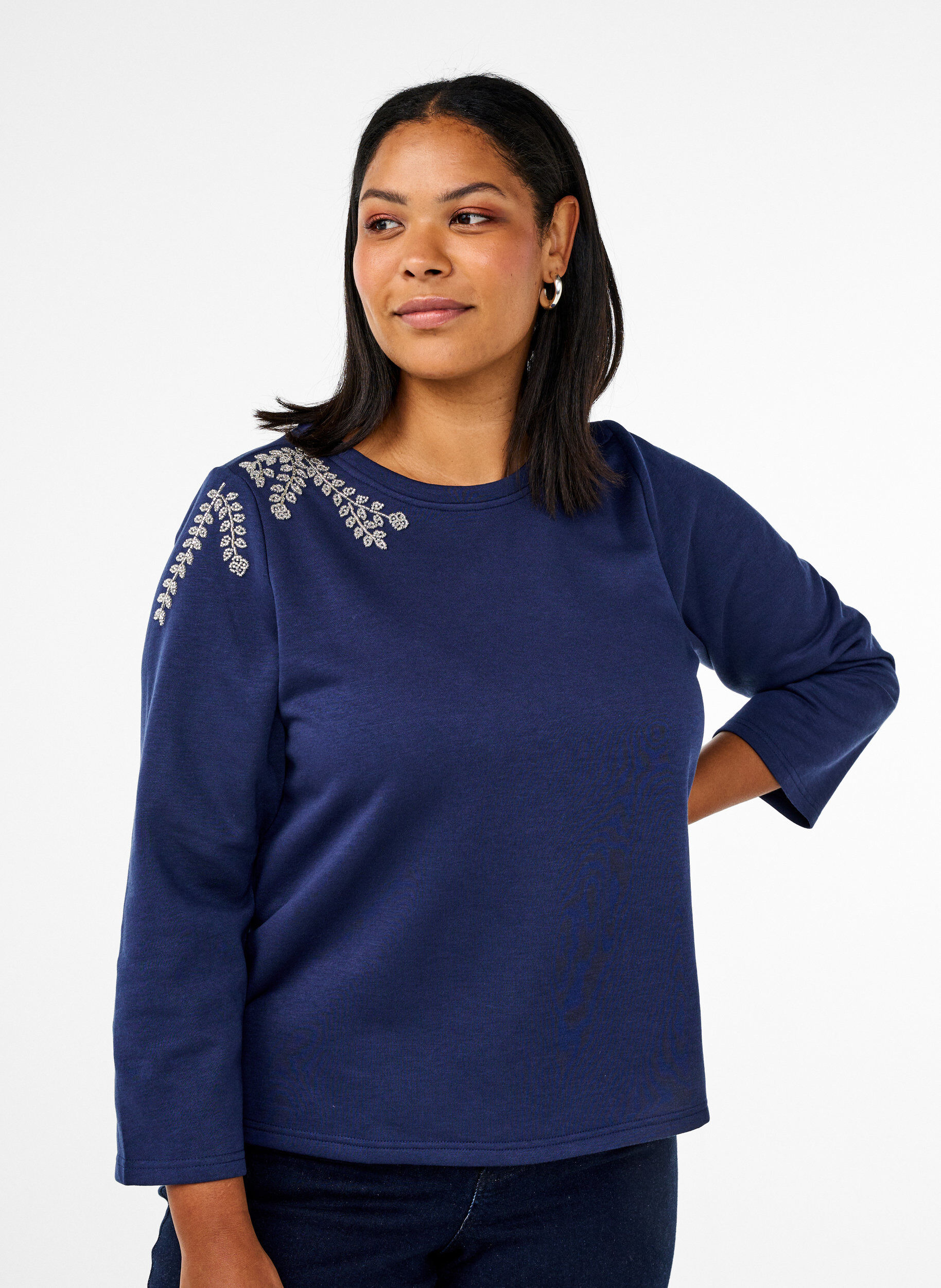 Short sweatshirt with pearl details, Blue, Model