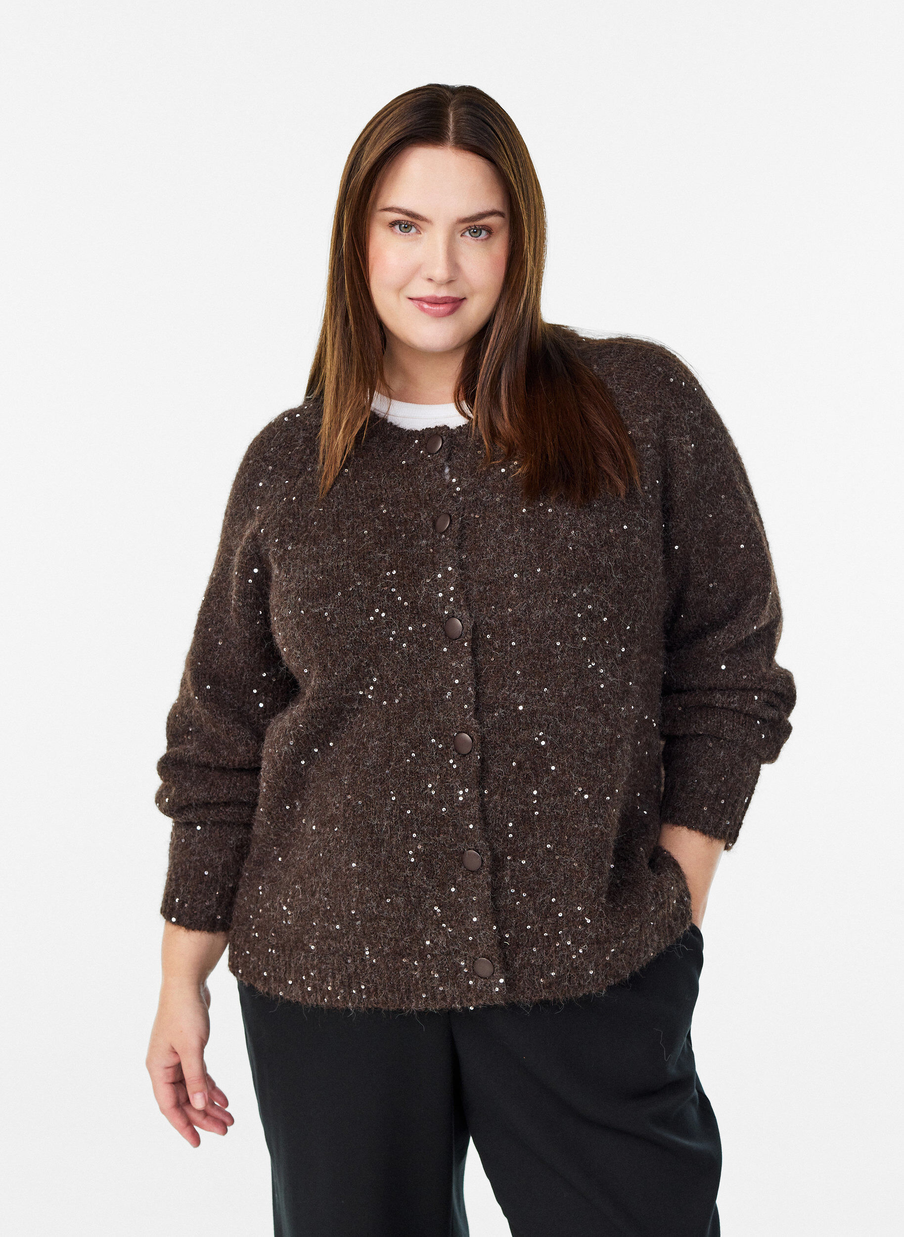 Knitted cardigan with sequins, Brown, Model