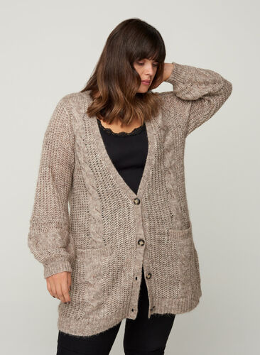 Knitted cardigan with a pattern and pockets, Iron melange, Model image number 0