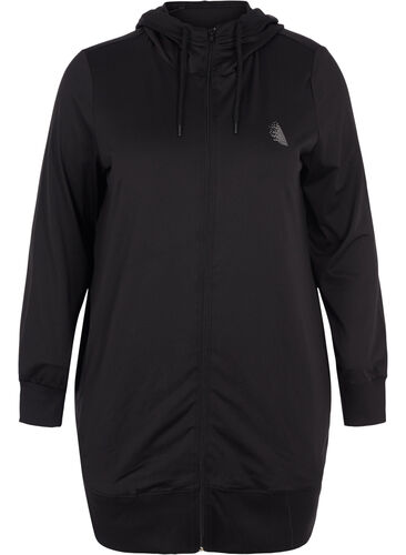 Long hooded cardigan with zip, Black, Packshot image number 0