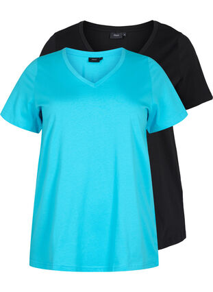 2-pack basic cotton t-shirt, Blue Atoll / Black, Packshot image number 0