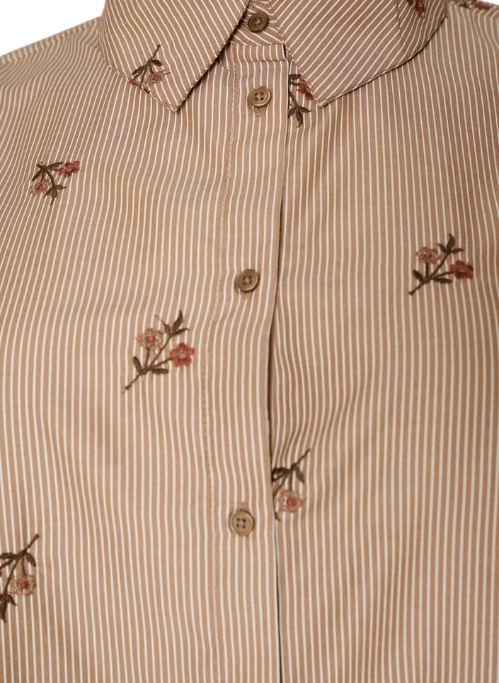 Striped shirt with embroidered flowers, Brown, Packshot
