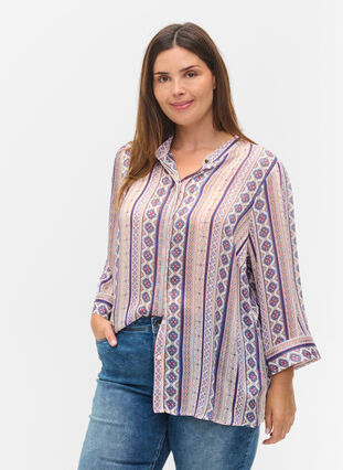 Printed shirt with 3/4 sleeves, Off White Ethnic AOP, Model image number 0