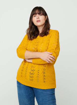 Knitted blouse with a feminine pattern, Mineral Yellow, Model image number 0