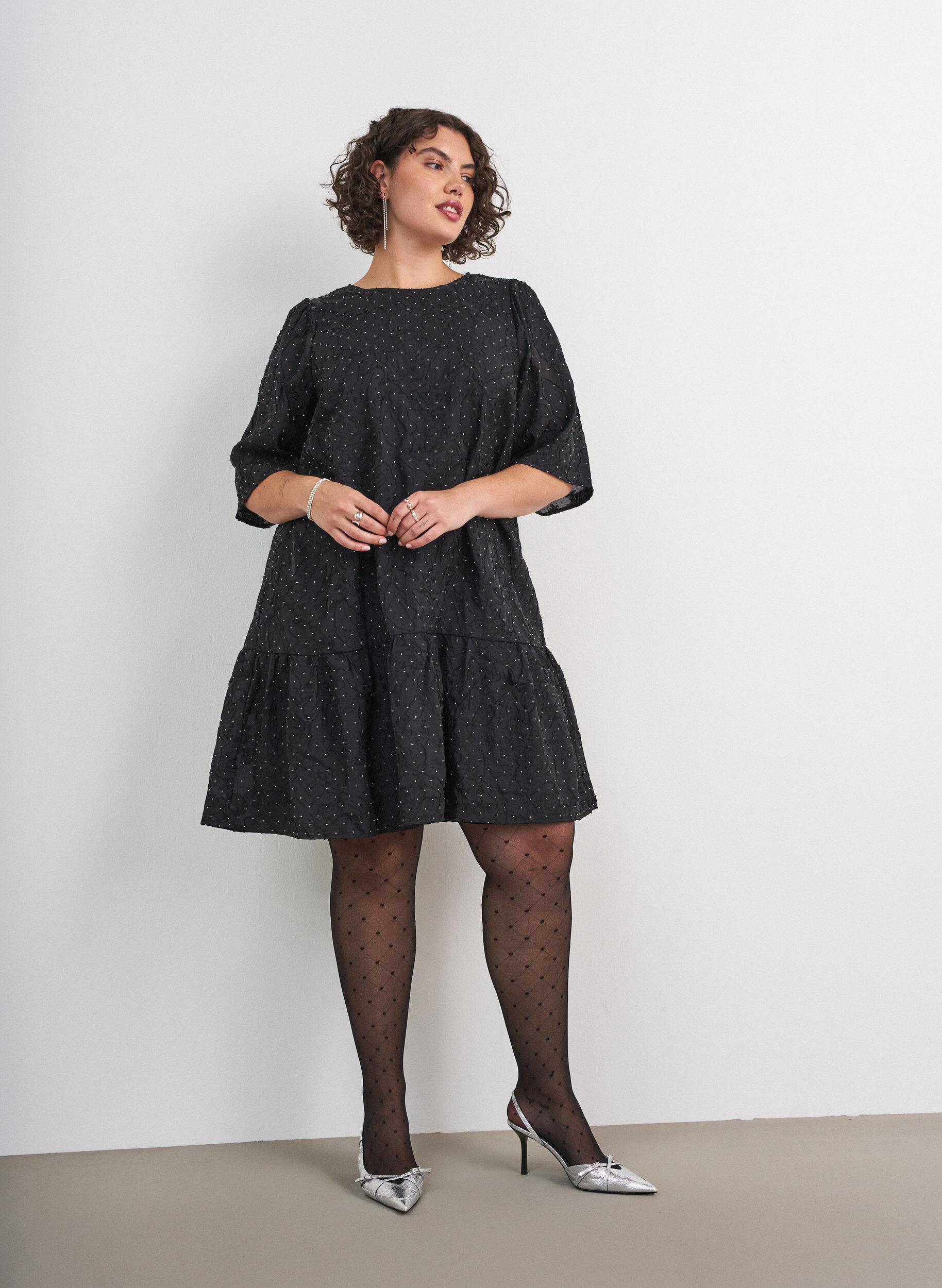 ZizzifashionJacquard dress with sparkly details and puff sleeves, Black, Model image number 1