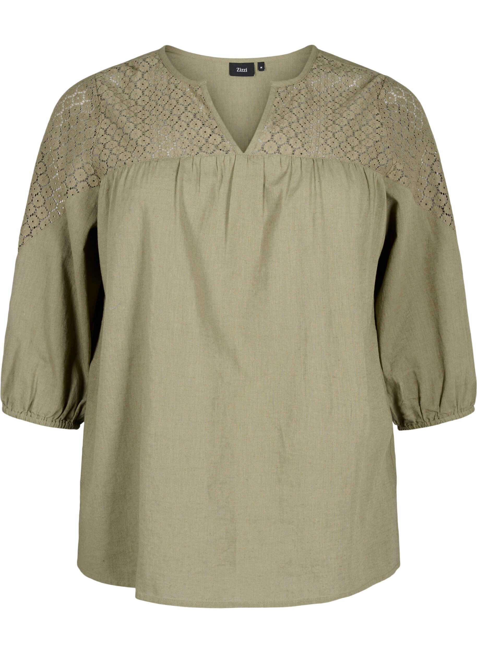 Zizzifashion Blouse in a cotton mix with linen and crochet detail, Deep Lichen Green, Packshot image number 0