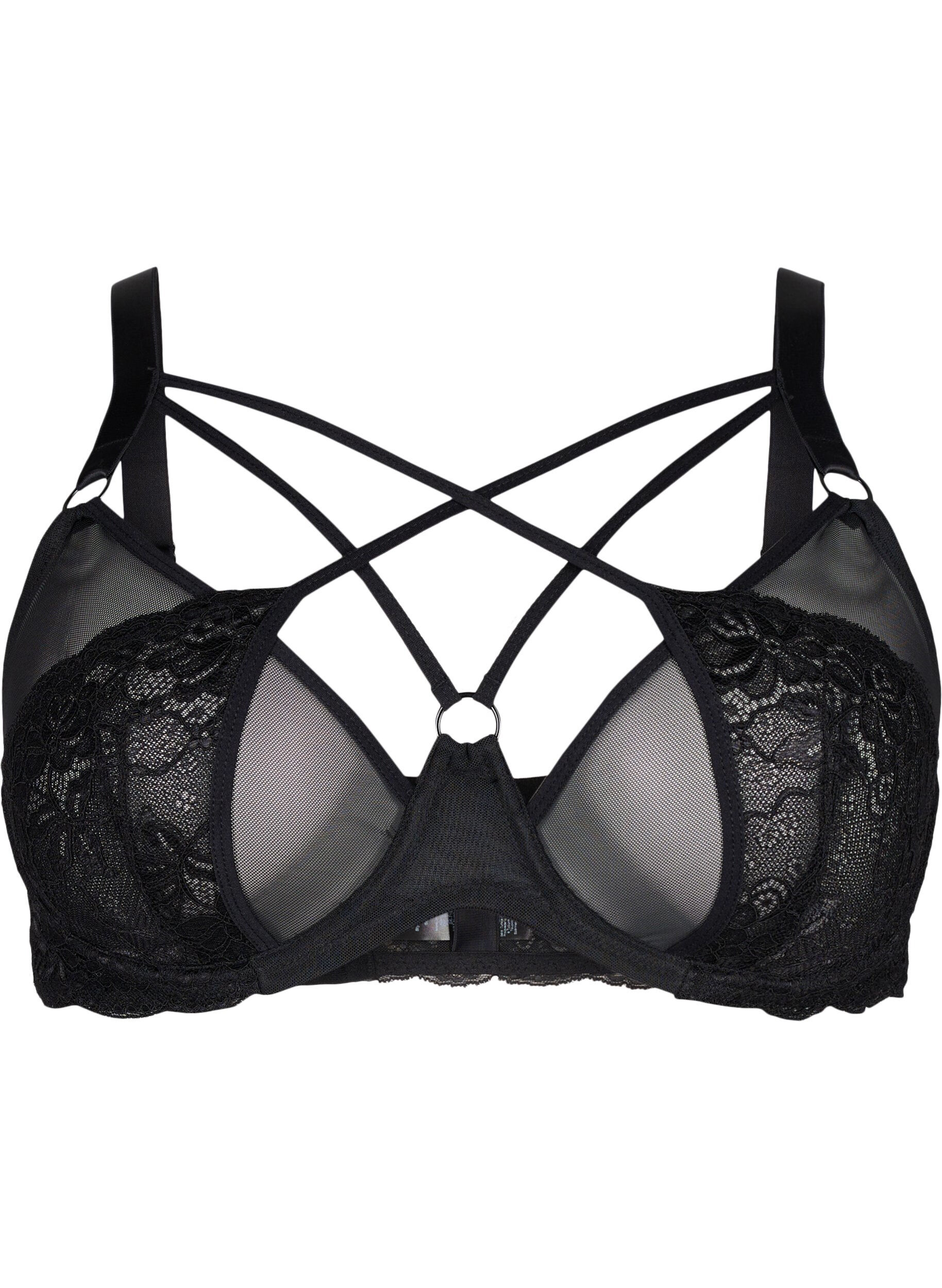 Zizzifashion Full cover bra with string and lace, Black, Packshot image number 0