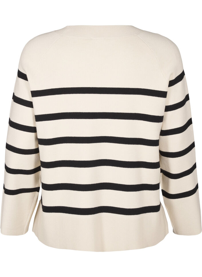 Striped knitted blouse with round neck, Birch w. Black, Packshot image number 1