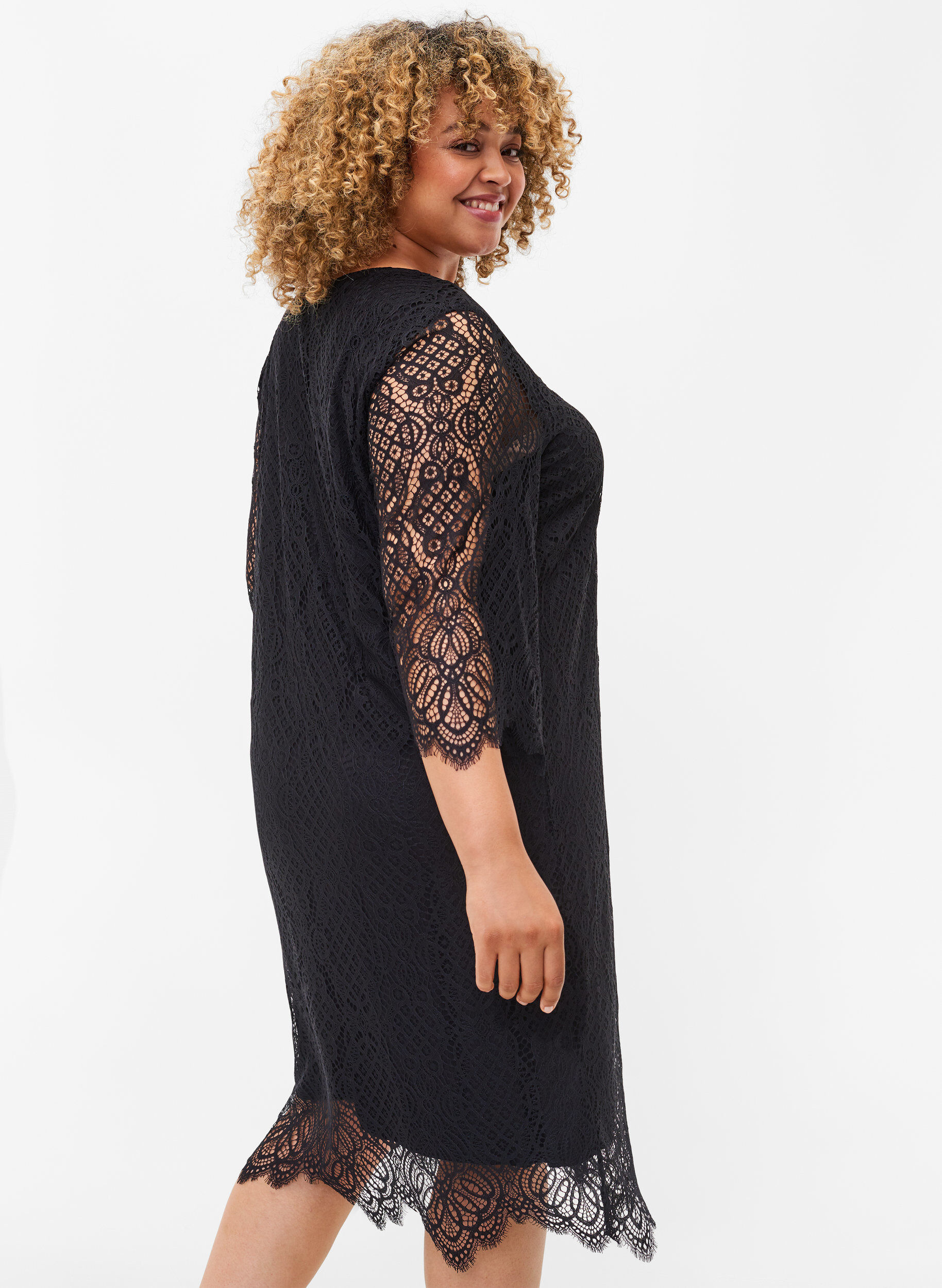 Zizzifashion Lace Dress with 3/4 sleeves, Black, Model image number 1