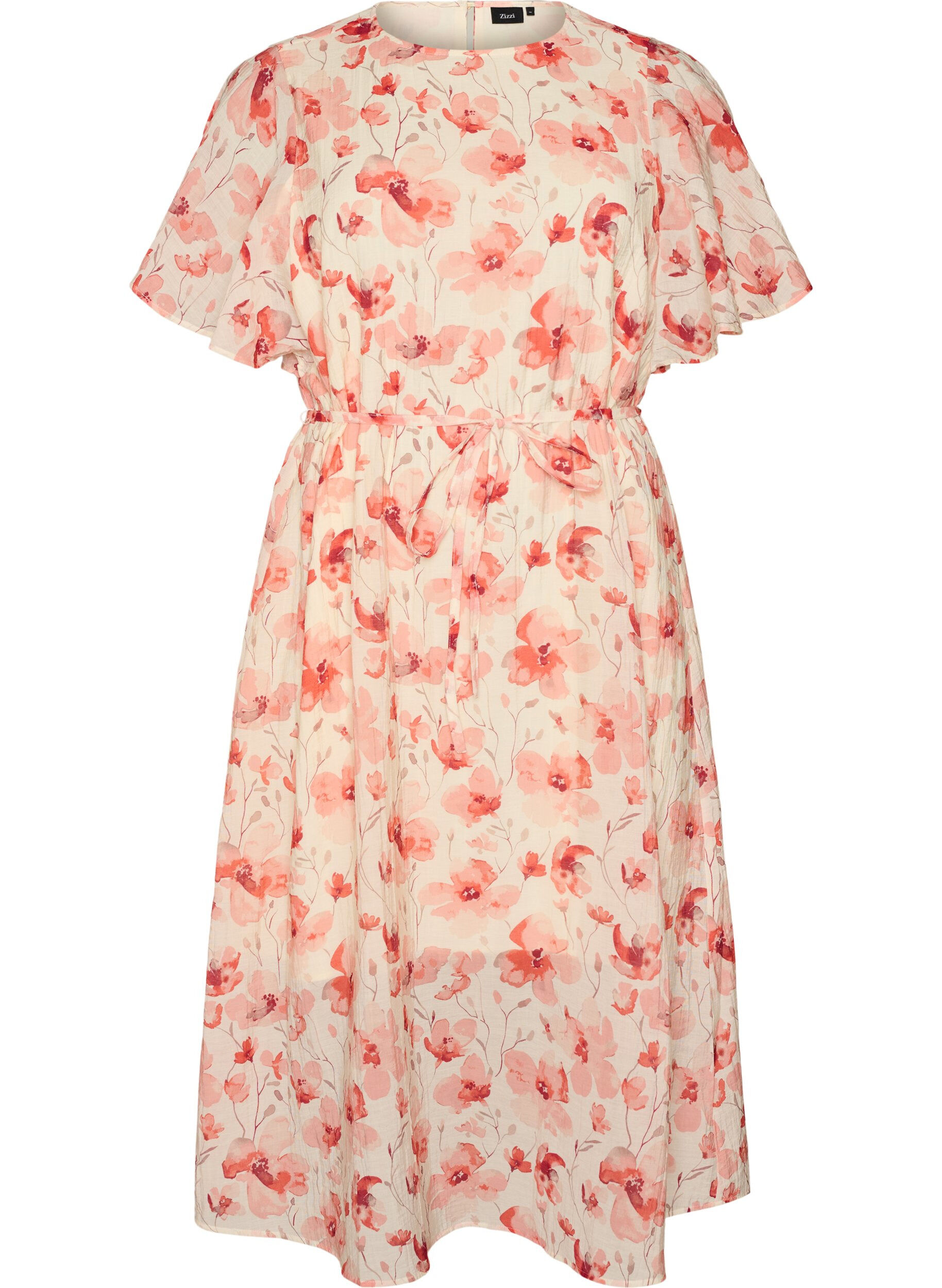 Ankle-length dress with flutter sleeves and a tie-waist