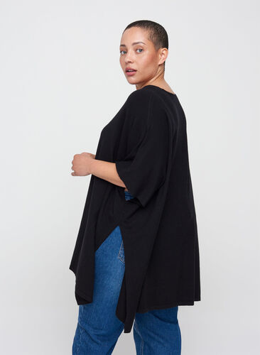Short-sleeved knitted poncho with round neck, Black, Model image number 1