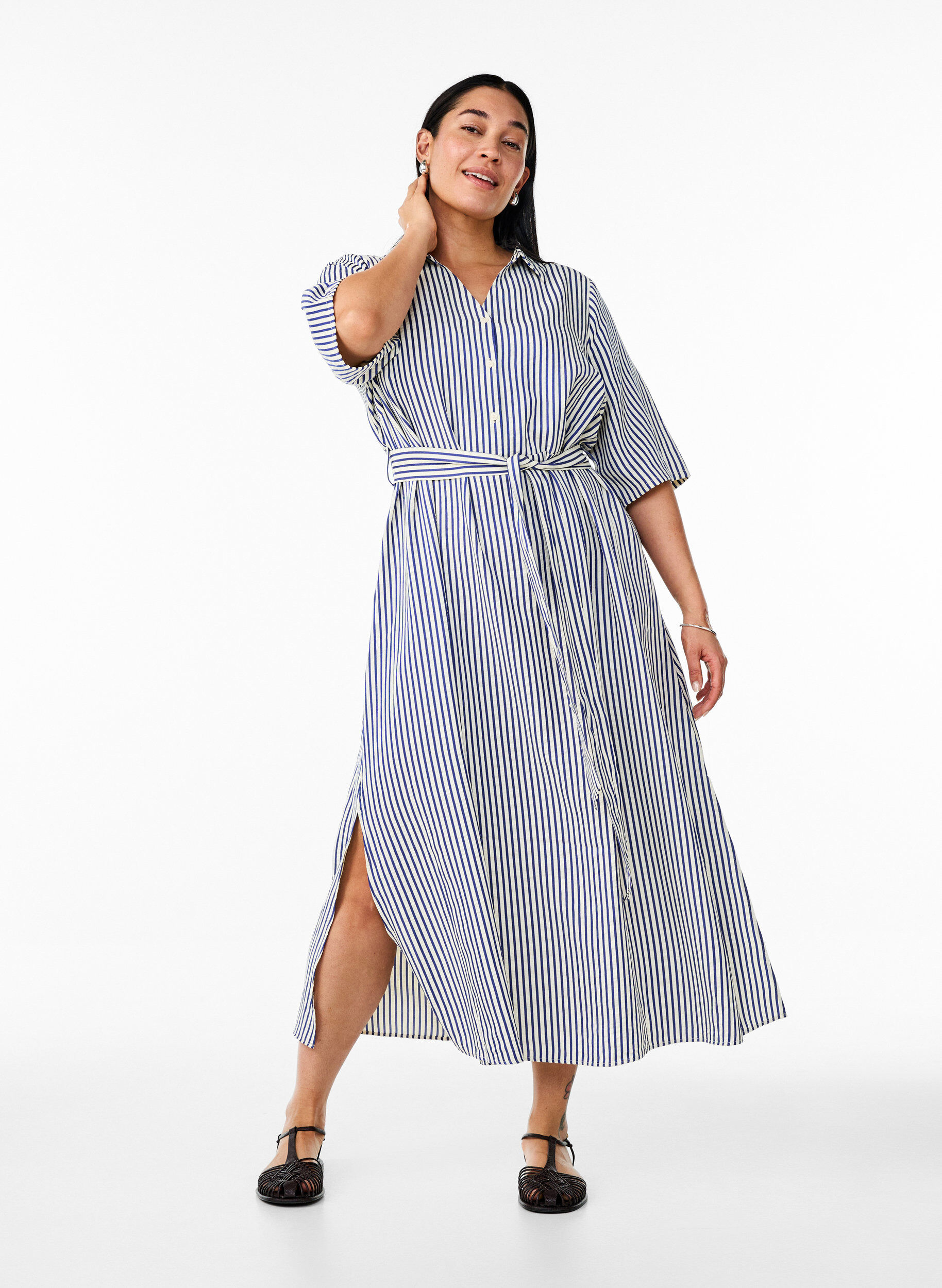Zizzifashion Ankle-length shirt dress with tie belt and stripes, Blue, Model image number 0